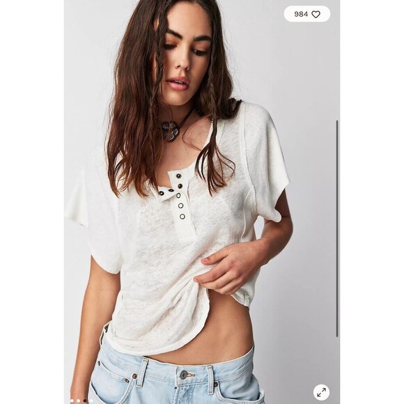 Free People Tops - Free People What's Good Henley Top Size Medium Short Sleeve Tee Cotton Linen